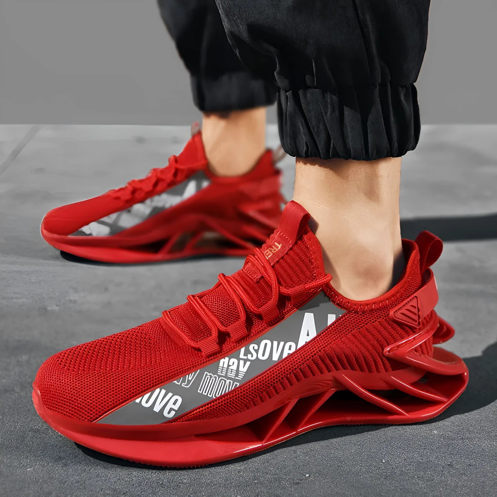 Men's casual exercise shoes with fly woven mesh upper in four colour options showing embroidery detailing
