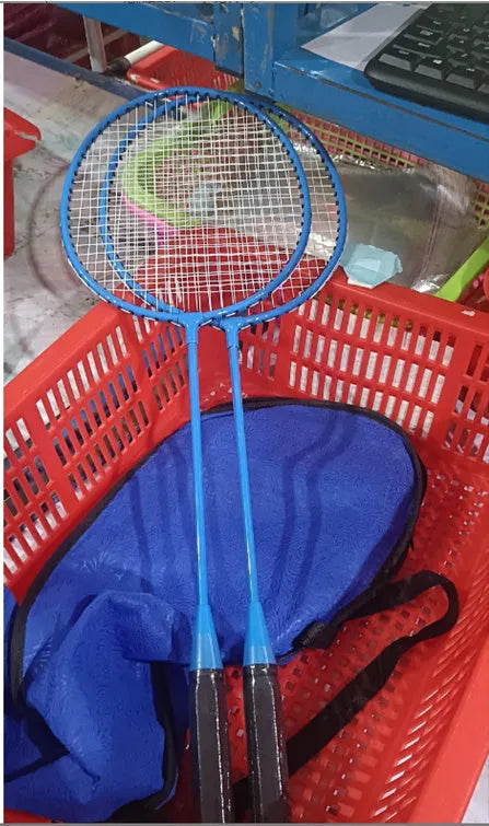 Pair of blue and red alloy badminton rackets from an ultra-light split set