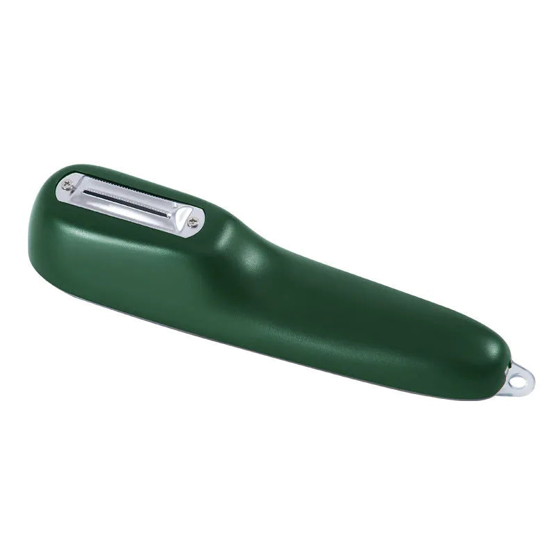 Green plastic peeler with a stainless steel blade stored inside its own clear storage tube, showing the hanging hole on the handle.