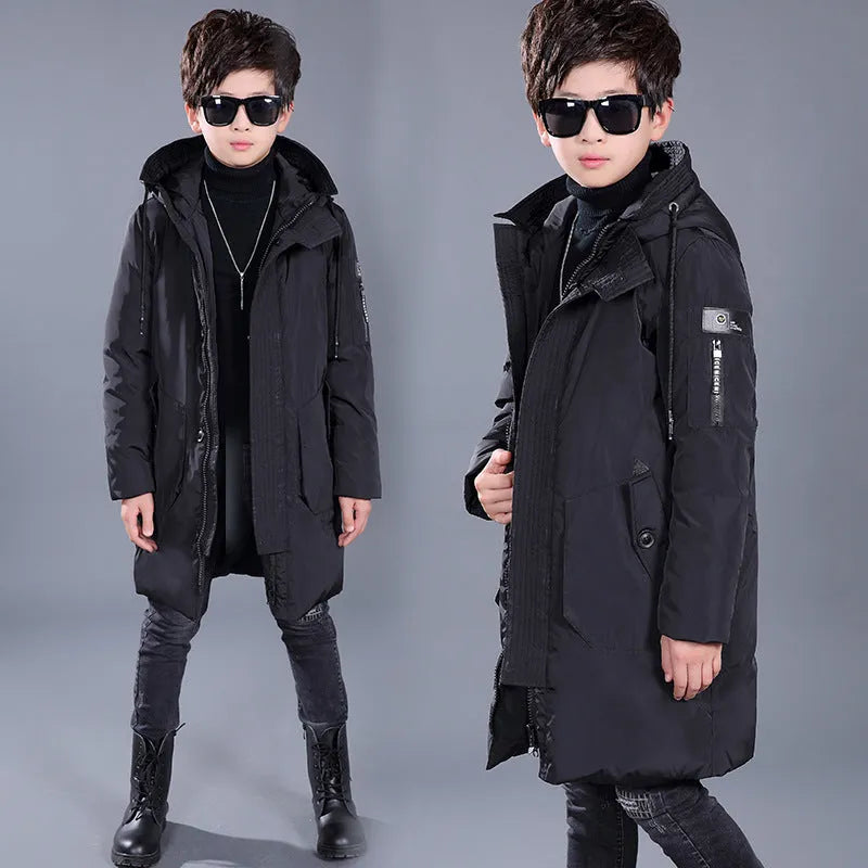 Boys white duck down hooded jacket in red with zipper closure and soft grey trim, mid-length style for winter