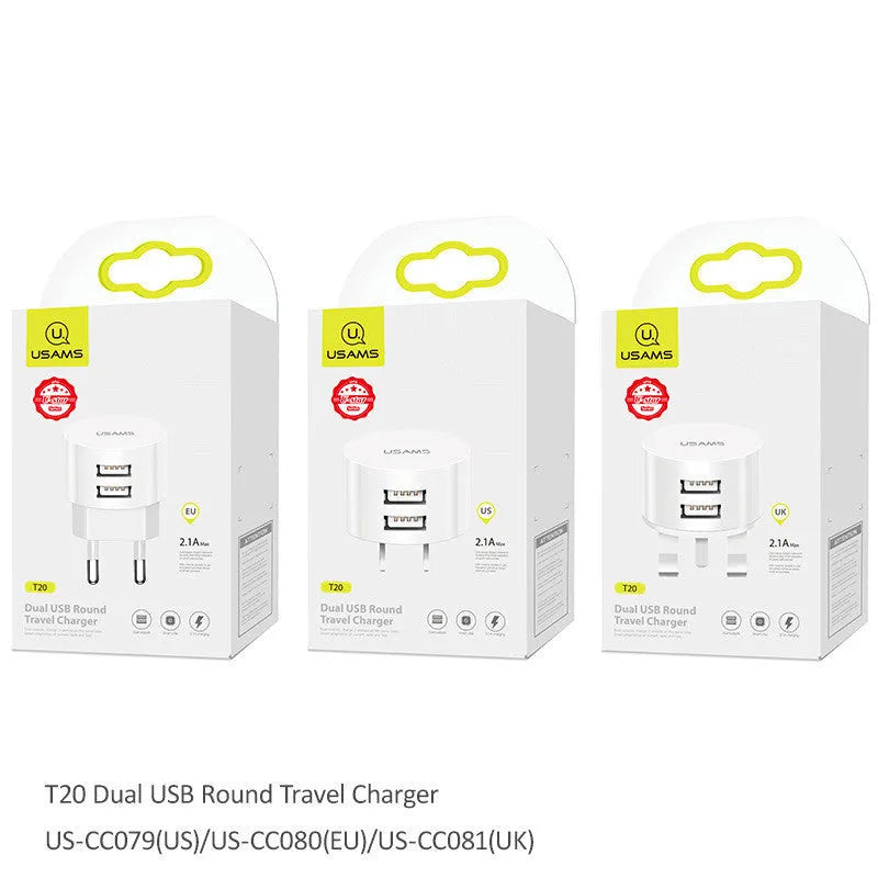 White portable dual USB charger with folding UK, US, and EU plugs showing compact dimensions