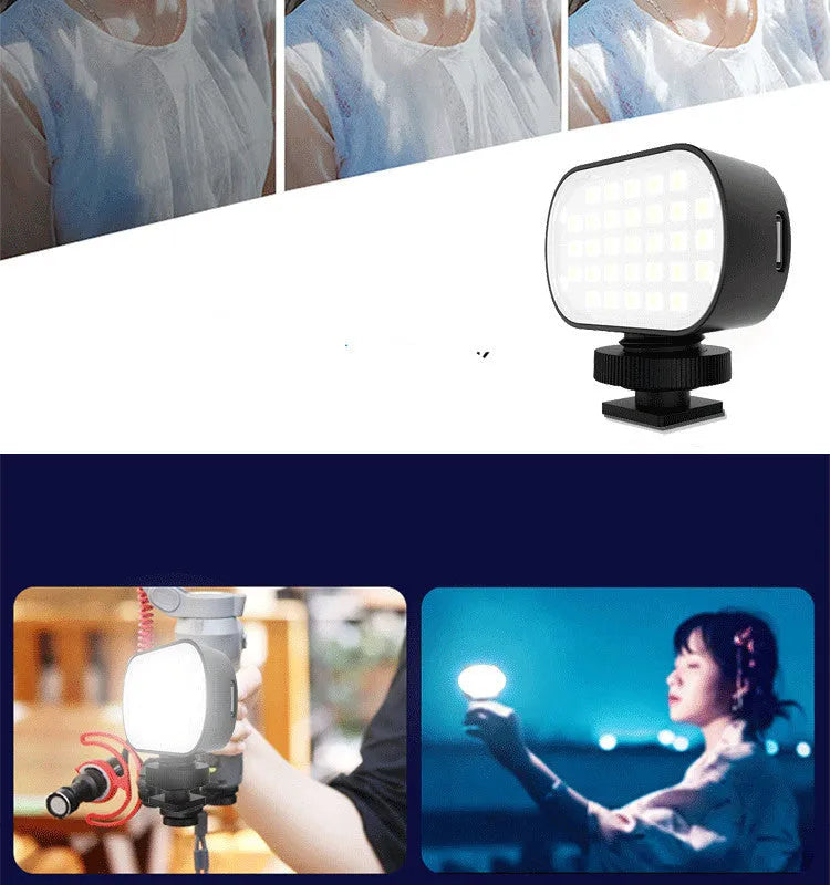 ST-30 black mobile phone fill light with digital display, mounted on a cold shoe next to six coloured photography palettes.