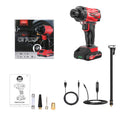 Red and black portable car tyre inflator with digital display and multiple nozzle attachments on a black background