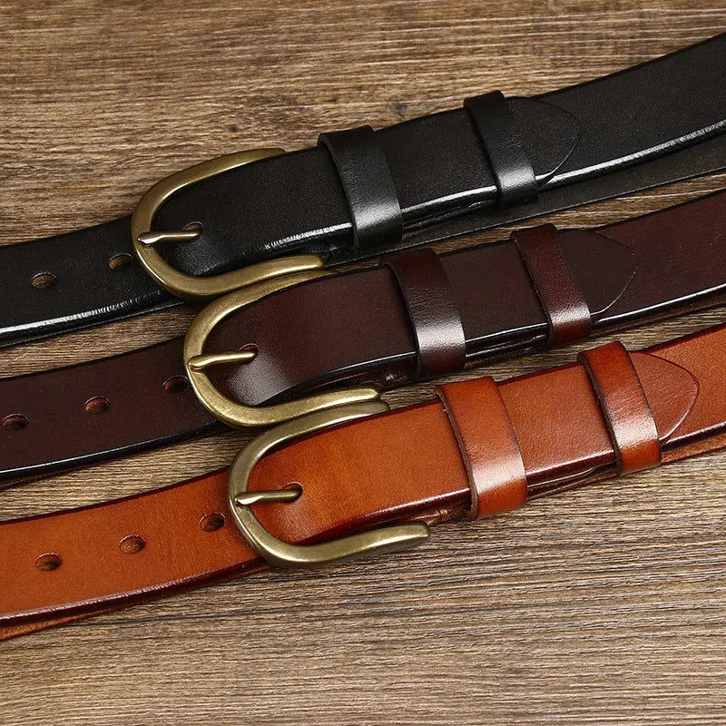 Men's genuine leather belt 3.3cm wide with copper buckle, retro casual style, khaki colour, pin-buckle fastening