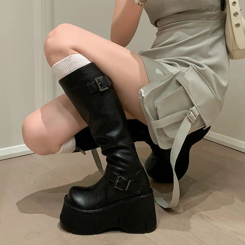 Women's black tall knight boots with chunky heel, round toe, and front lace-up closure