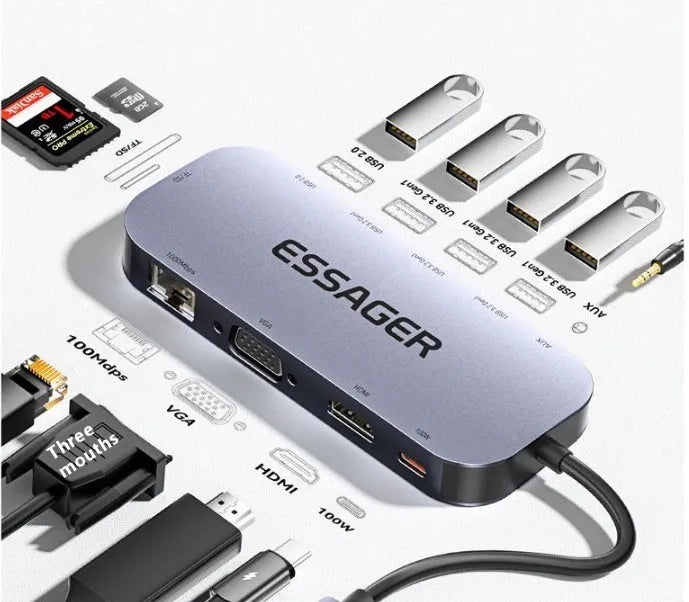 11-in-1 USB Type-C expansion hub with Gigabit Ethernet port and a 20cm integrated cable.