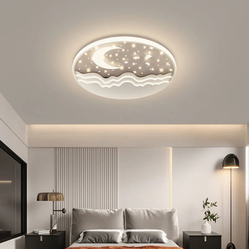 Moon-shaped romantic ceiling light for bedroom with wrought iron frame and acrylic panels