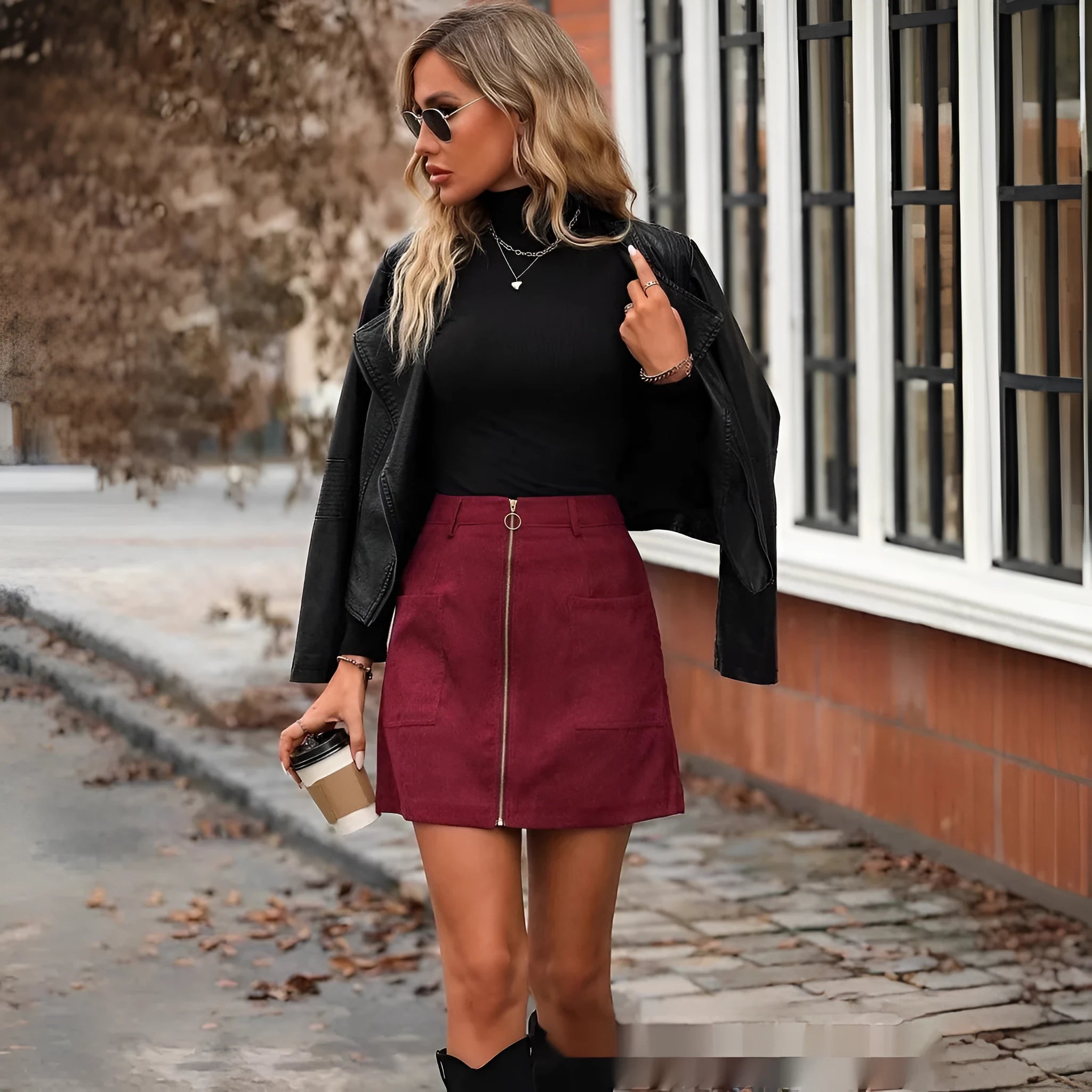Women's high waist short hip skirt with zipper and stitching in black, camel, brick red, or dark green