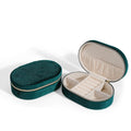 Oval velvet jewellery storage box with flannel lining in various colours, showing dimensions of 15cm by 10cm.