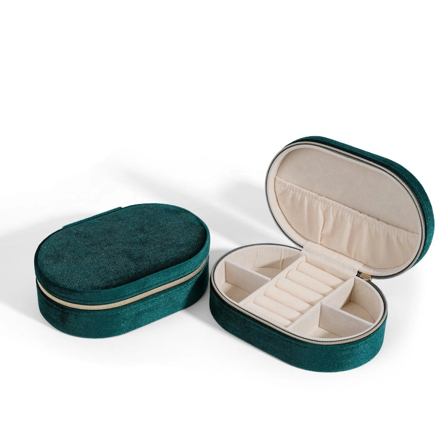 Oval velvet jewellery storage box with flannel lining in various colours, showing dimensions of 15cm by 10cm.