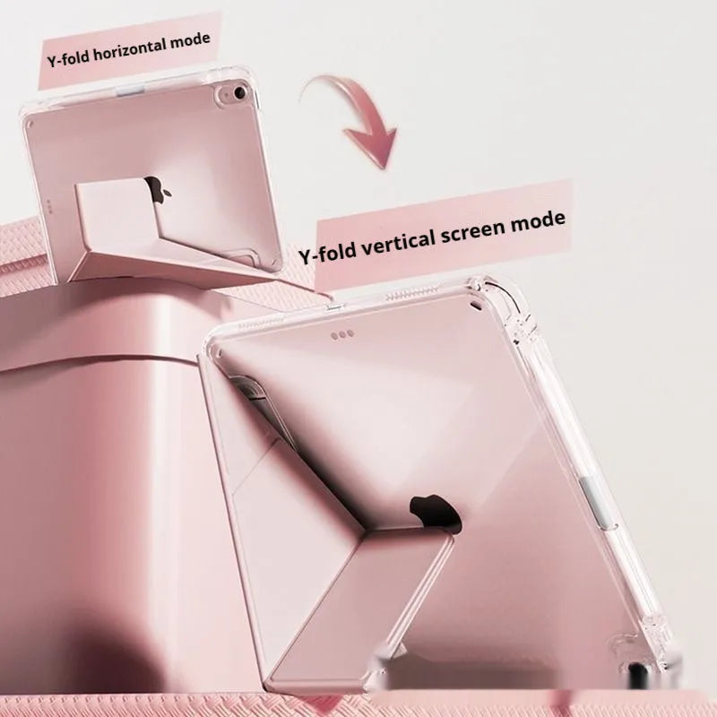 Clear acrylic iPad protective case with a folding stand open, showing colour options.