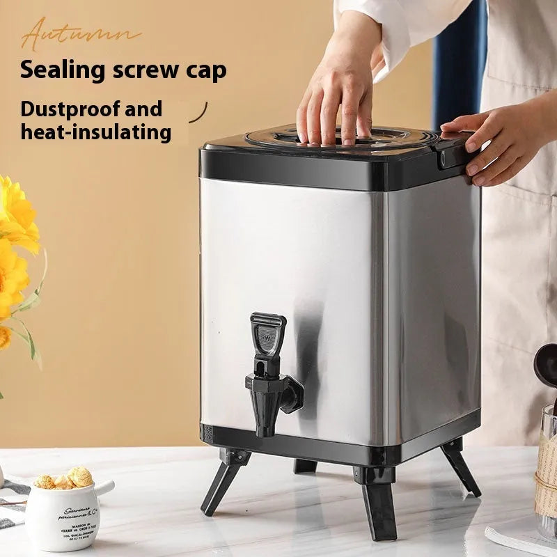 Square stainless steel milk tea bucket with lock mechanism, 8 litre capacity, silver colour
