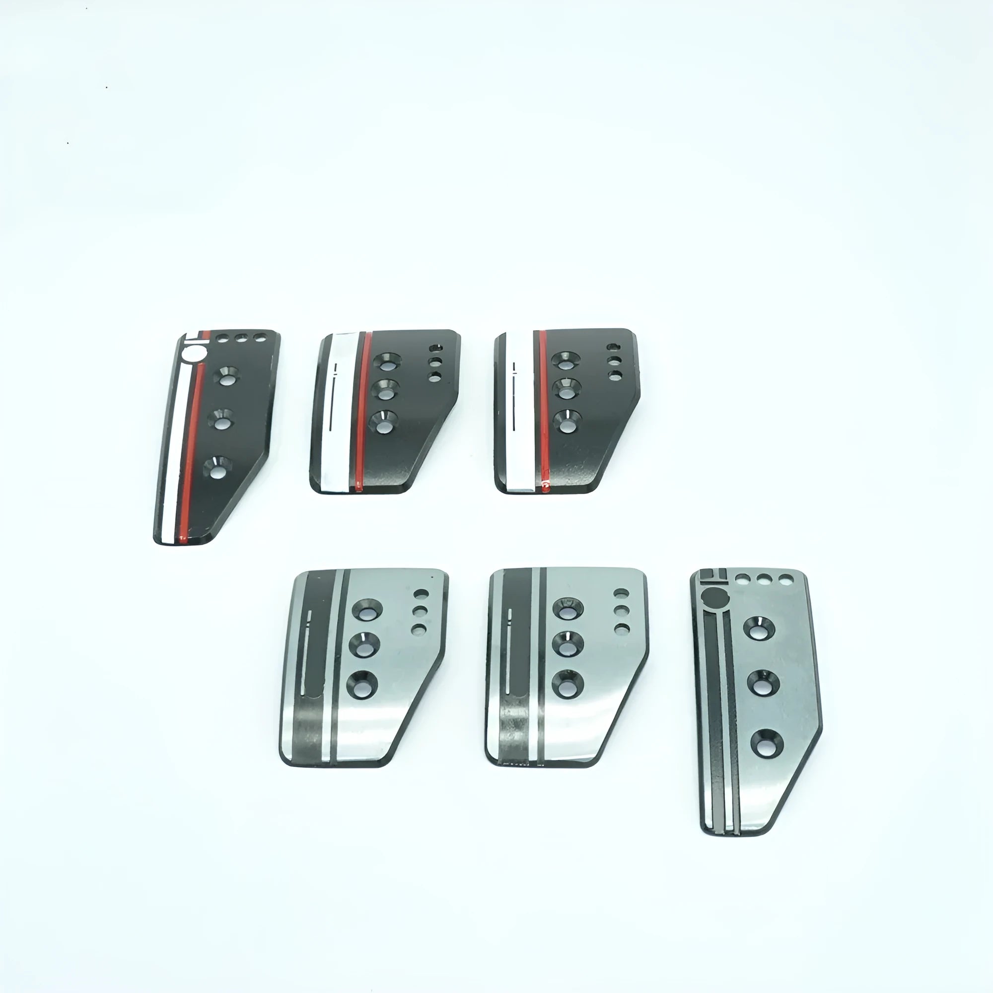 Set of three aluminium alloy car pedals for brake, accelerator, and clutch with screws and nuts.