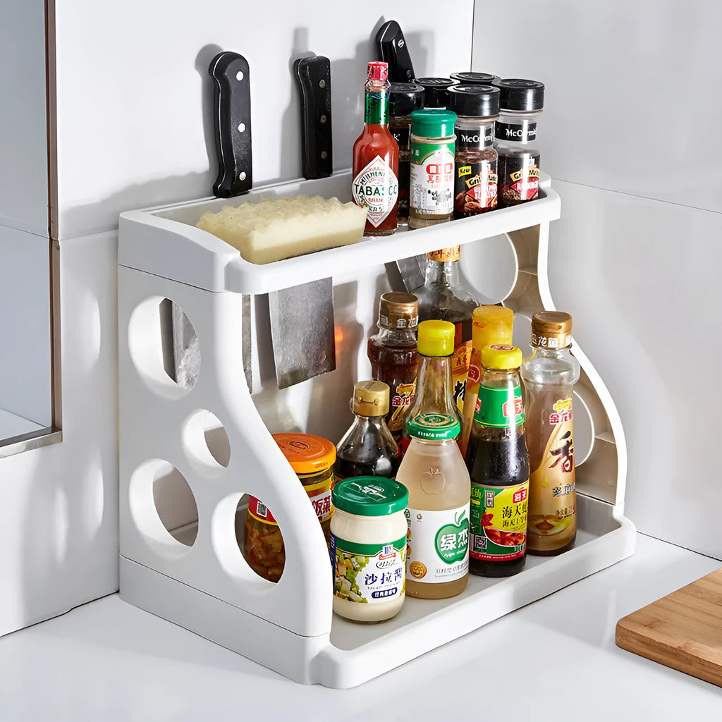 Foldable three-tier kitchen storage shelving unit in PP plastic with five colour options