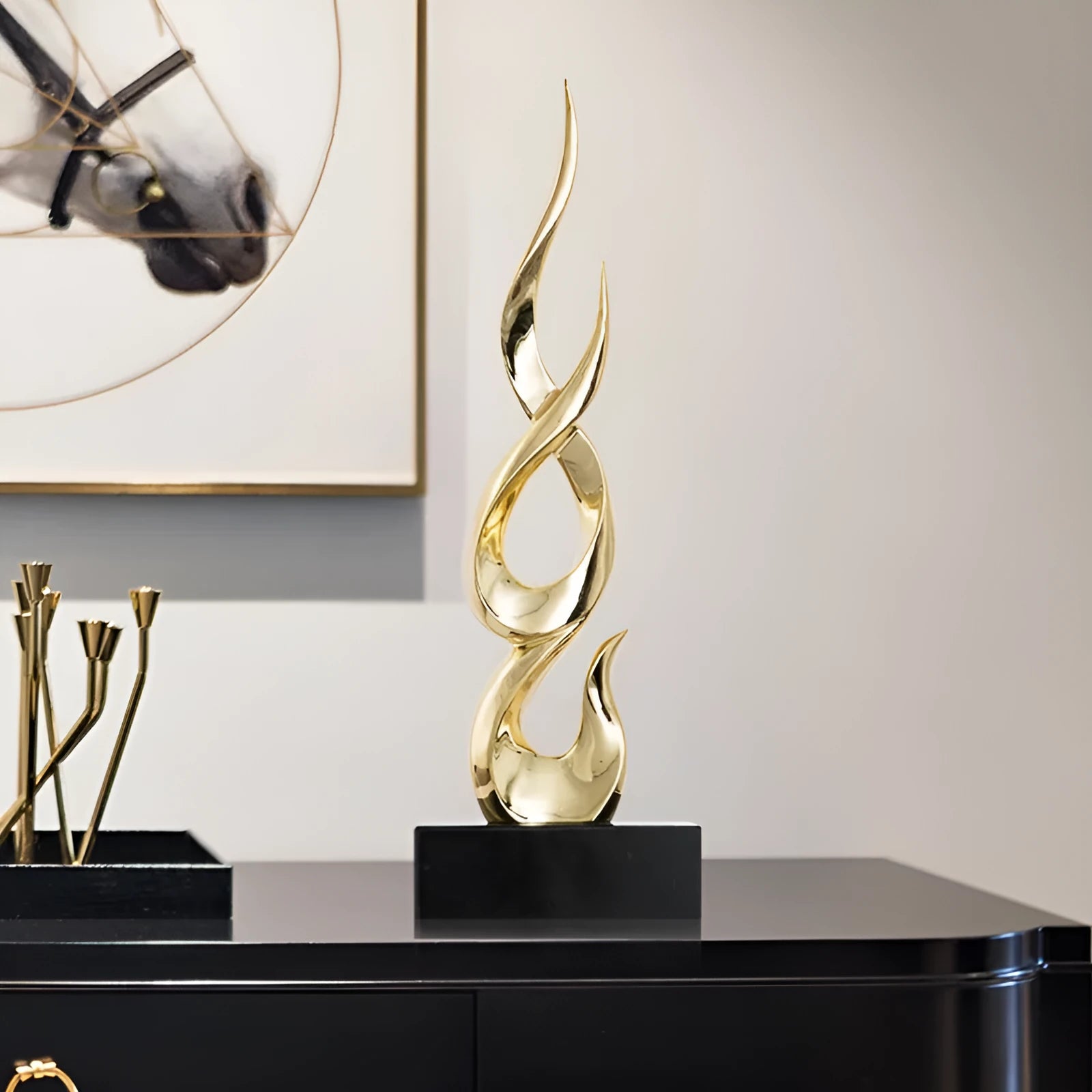 A selection of resin decorative ornaments in gold, silver, and gradient colours, showing Fire and High-rise style options.