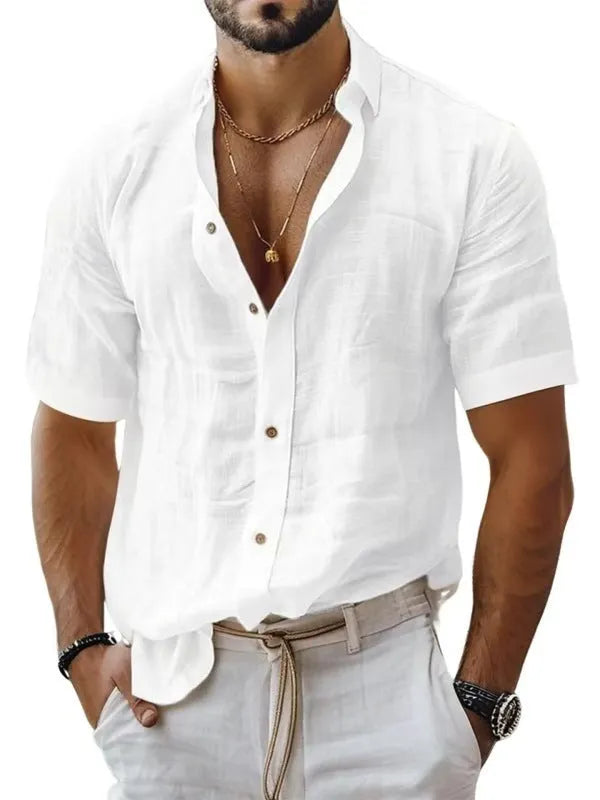Men's short sleeve lapel shirt in cotton-linen blend with cardigan style open front