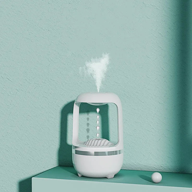 Black technology anti gravity water drop humidifier with atmosphere lamp, round ABS plastic shell, white colour, USB powered
