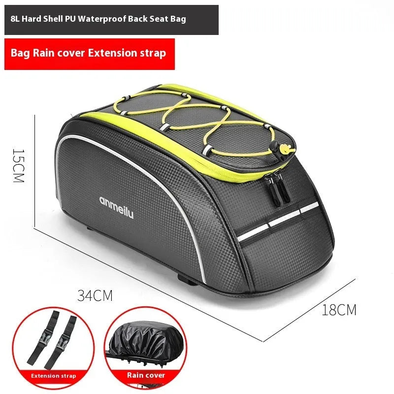 Waterproof black bicycle rear rack bag with 8L capacity mounted on bike