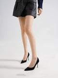 Women's black pointed-toe stiletto heels with soft sole and slip-on design