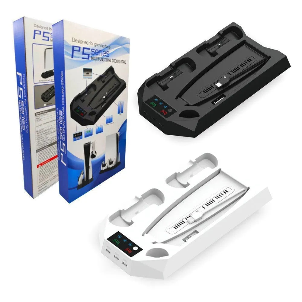 PS5 charging base radiator stand in black with controller dock and headset hook