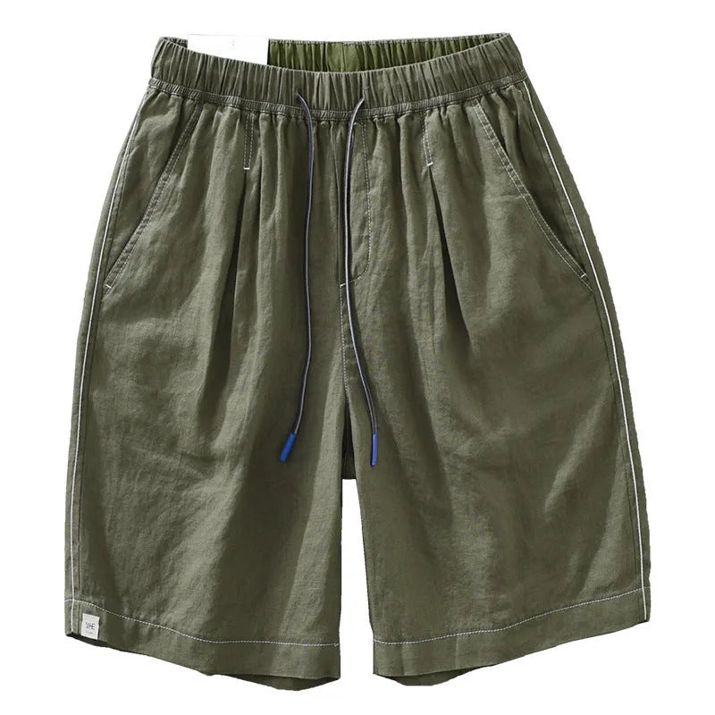 Men's linen shorts in straight drooping style with drawstring waist in black or green colour