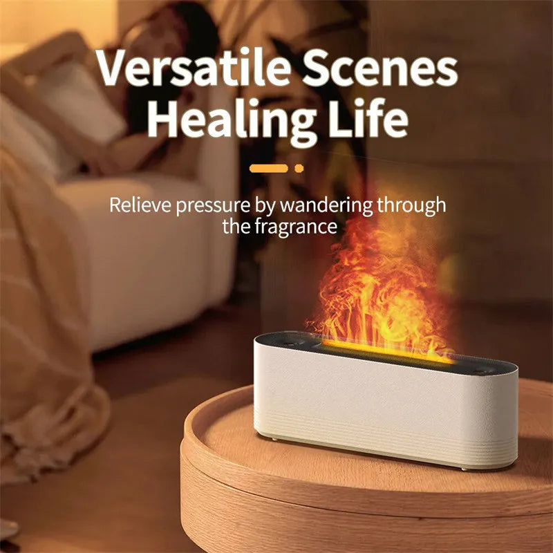 Black ultrasonic aroma diffuser with flame effect LED lighting and water mist output
