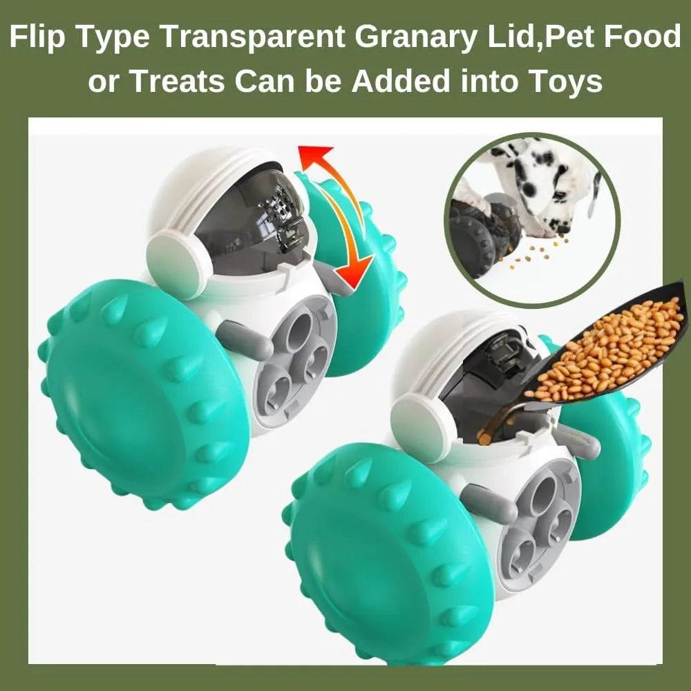Robot-style interactive dog treat toy with roller mechanism for slow feeding, measuring 141mm