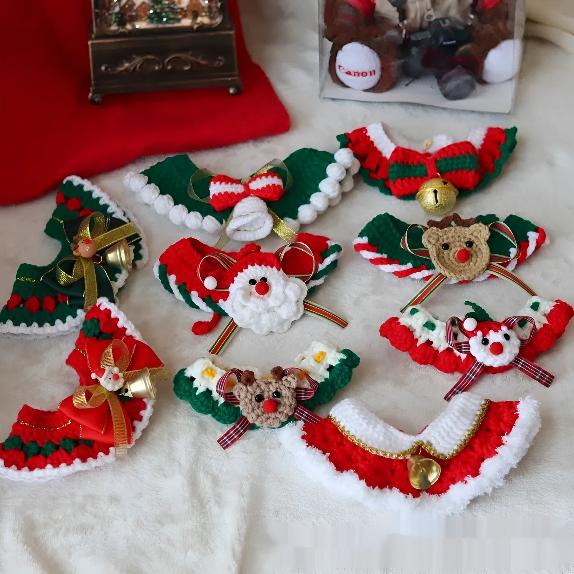 Knitted wool Christmas scarf for pets in striped Santa Claus pattern with four size options