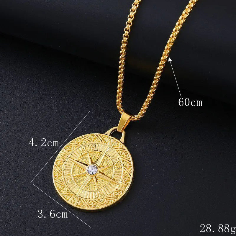 Geometric gold pendant necklace with diamond-cut zircon detailing on alloy material