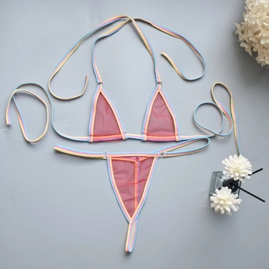 Simple super mini bikini set for women with T-back three-point style in polyester, colour red