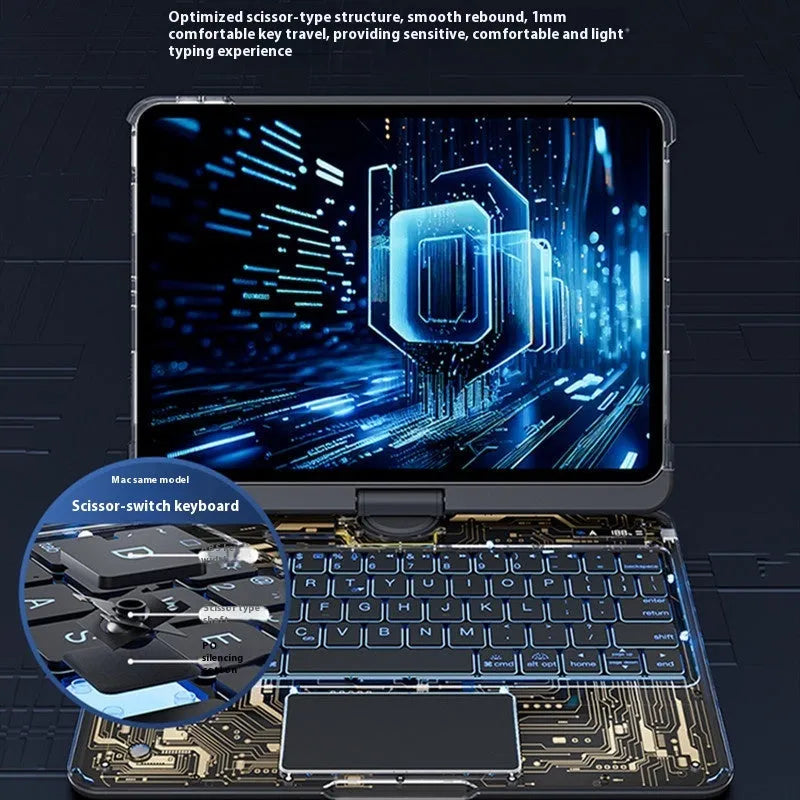360 swivel iPad keyboard case with transparent backplate and telescopic pen slot in black colour option