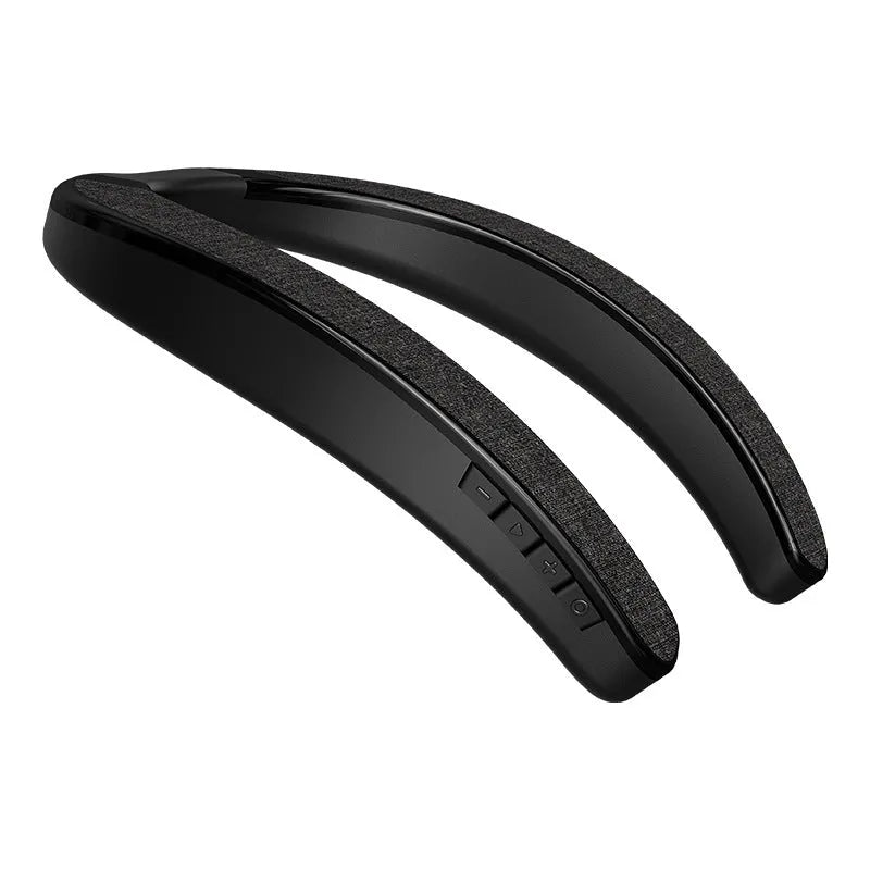 Neck-mounted stereo wireless Bluetooth speaker in black with USB charging port on a clean background.