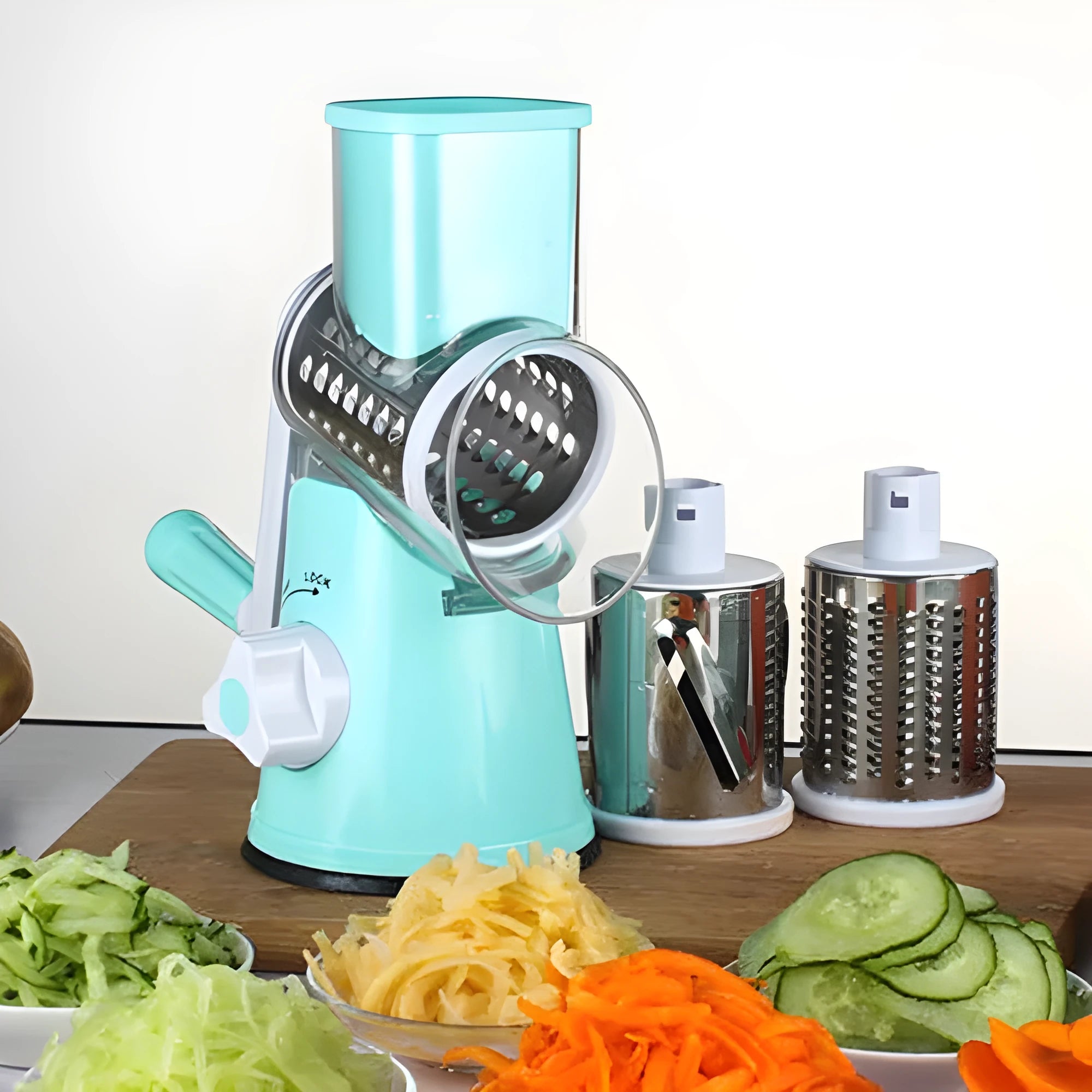 Blue manual round mandoline vegetable and cheese slicer with stainless steel blades.