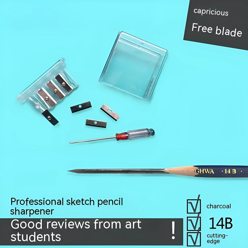 Geometric plastic pencil sharpener with four sharpening holes and maintenance screwdriver