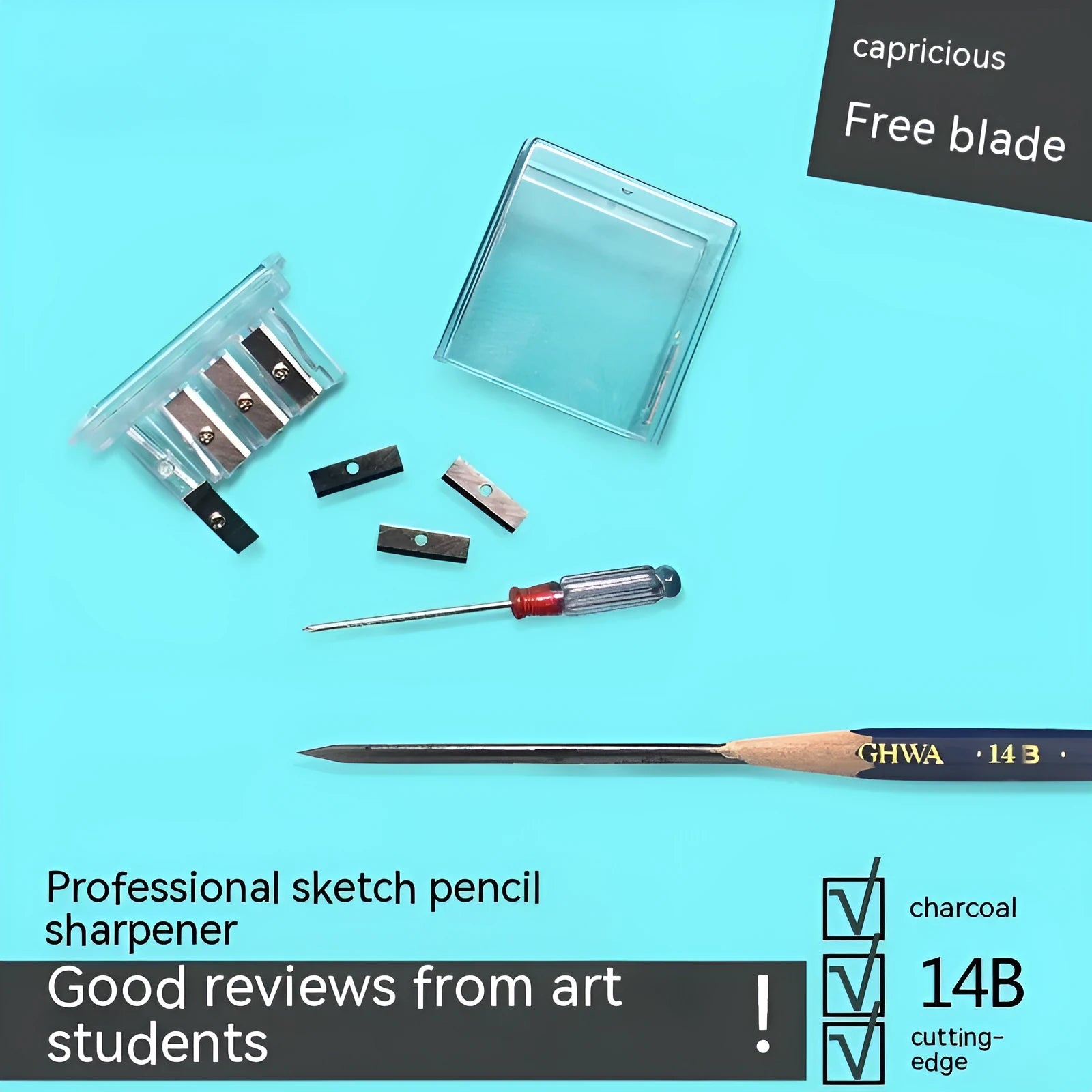 Geometric plastic pencil sharpener with four sharpening holes and maintenance screwdriver