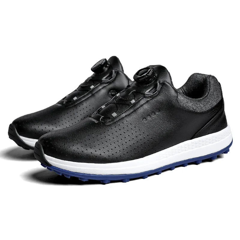 Men's white and black breathable golf shoes with non-slip broken nail sole and round toe.