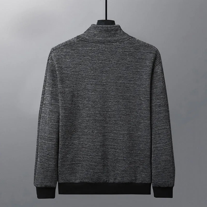 Men's black casual zip-up jacket with a stand-up collar on a grey background