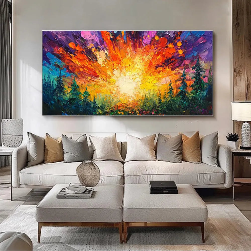 Hand-painted oil painting of a sun rising in a deep forest with brilliant light, square canvas wall art without frame