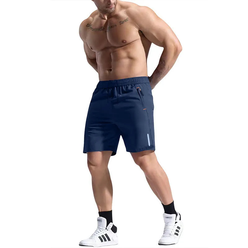 Men's grey elastic waist sports shorts made from bamboo fibre blend fabric on a neutral background.