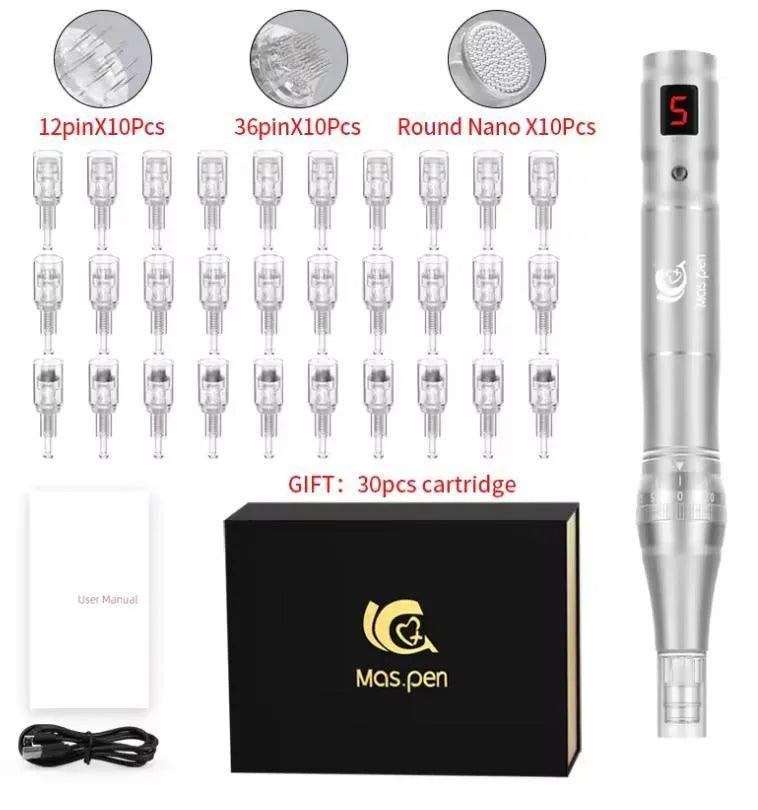 Spiral mouth tip electric microneedle device with 30 nano needle heads for skin treatment.