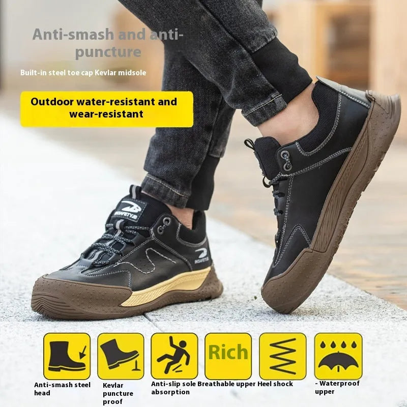 Flyknit leather work shoes with a rubber sole, shown in black.