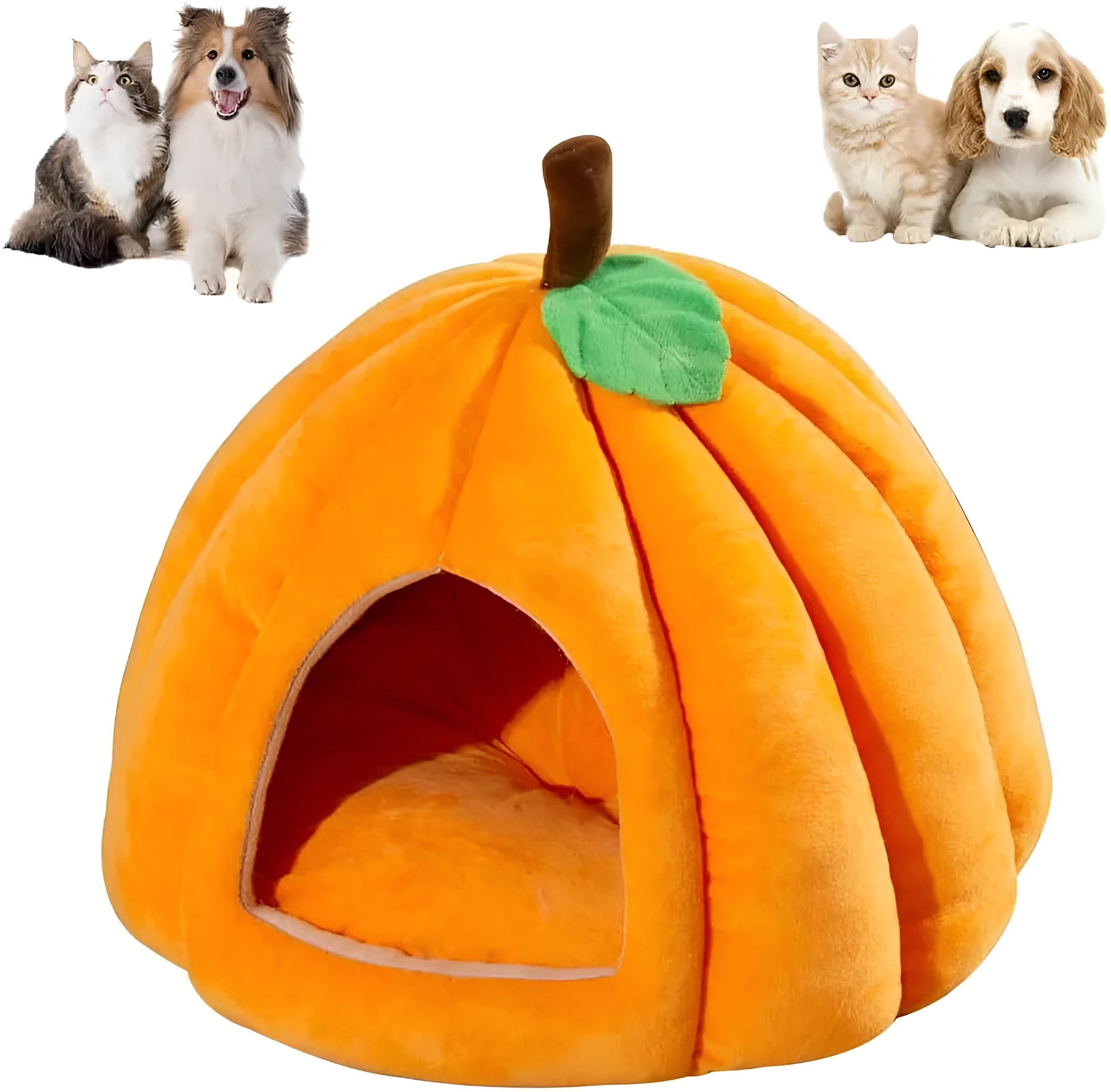 Orange pumpkin-shaped cat cave bed with plush entry hole on a wooden floor