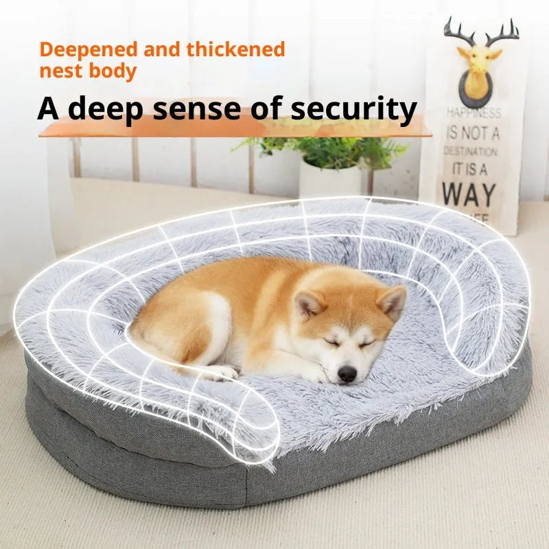 Winter warm pet plush large kennel for dogs, grey oval open nest bed