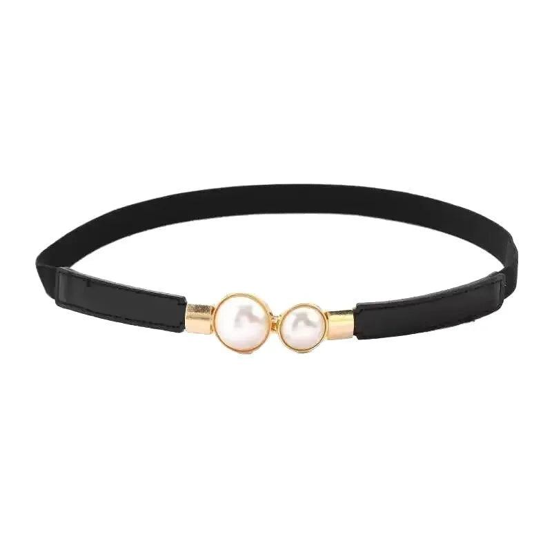 Women's thin PU leather decorative belt with alloy buckle pair in black or brown