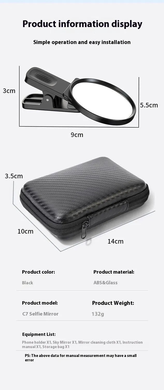 Black mobile phone rear camera self-timer mirror clip with plastic and glass construction, shown attached to a phone.