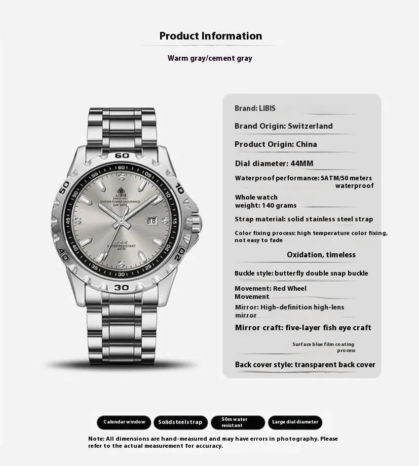Men's silver case business watch with stainless steel strap and luminous hands on a grey dial.
