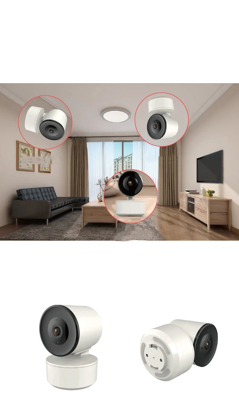 Smart Wi-Fi indoor security camera with pan-tilt mechanism showing 1080P video quality and motion detection
