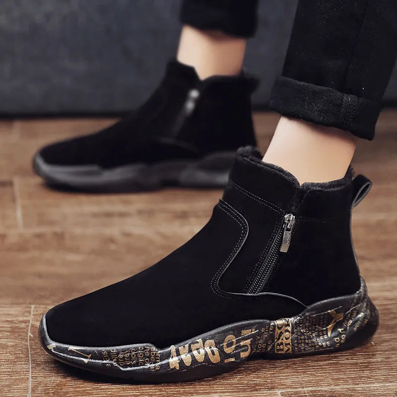High-top men's snow boots in 2280 black and white with suede upper and rubber sole