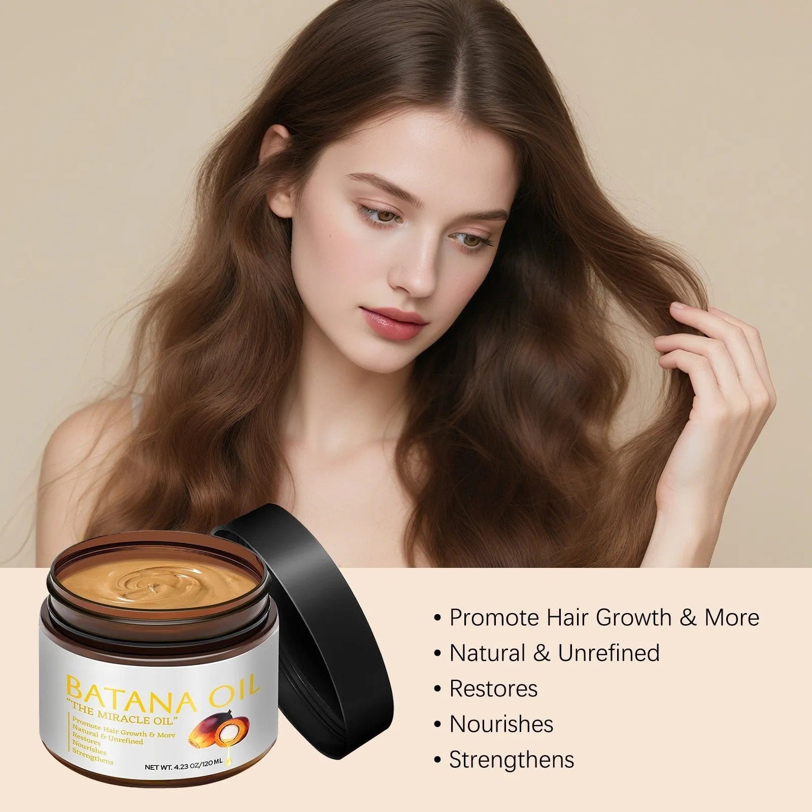 Batana Hair Mask bottle, 120ml net content, for nourishing and softening frizzy hair.