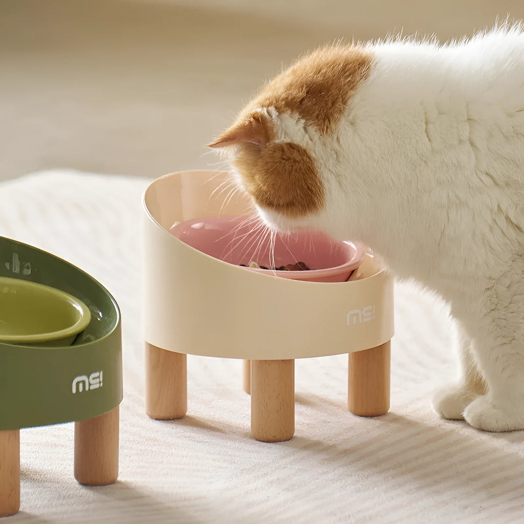 Cat ceramic high foot oblique mouth neck protection bowl with beech wooden feet in blue purple colour